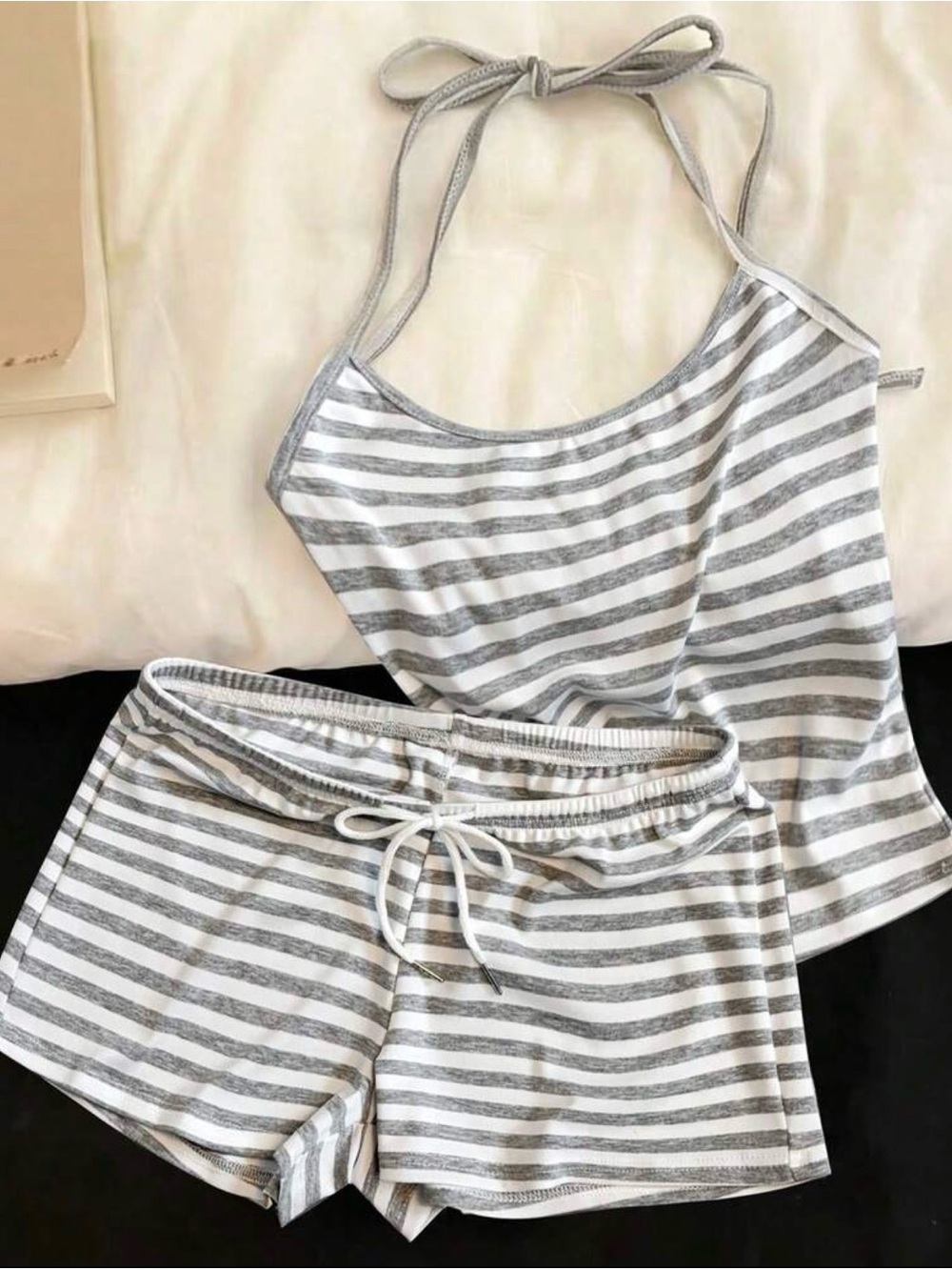 SHEIN Gray & White Striped Halter Pajama Shorts Set